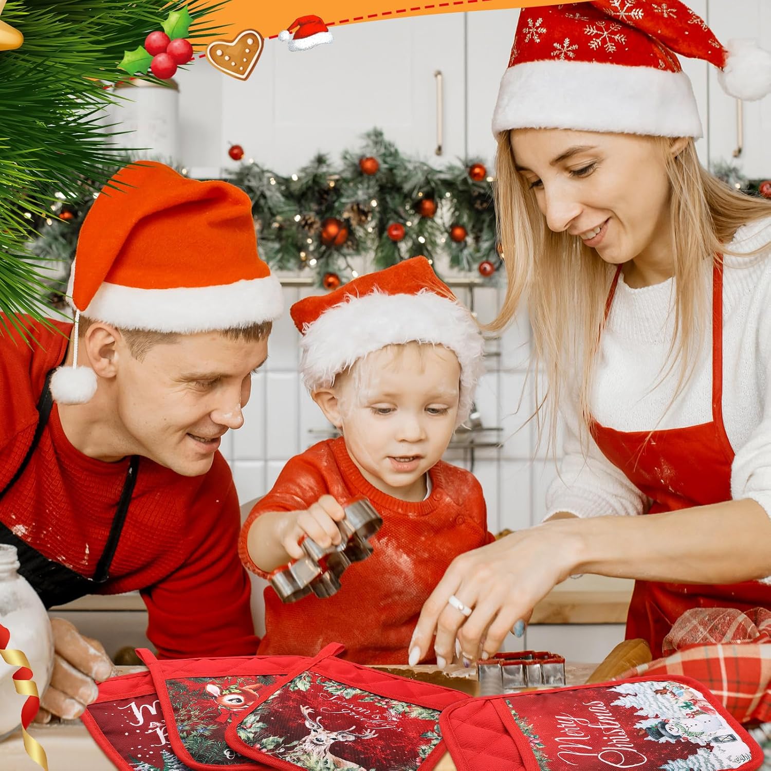 Roshtia 12 Pcs Christmas Pot Holders with Pocket Retro Xmas Farmhouse Pot Holders for Kitchen Winter Hot Pads Oven Mitts Cookie Bag Cute Heat Resistant Oven Gloves for Kitchen Gift Baking Cooking